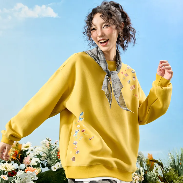 美式潮牌卡通贴纸印花圆领卫衣无帽卫衣姜黄色情侣男女2025秋新款