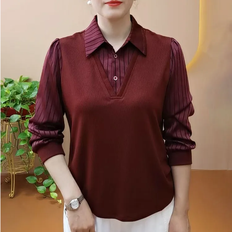 秋季新款2025翻领三粒扣假两件时尚减龄气质显瘦百搭女士T恤衫
