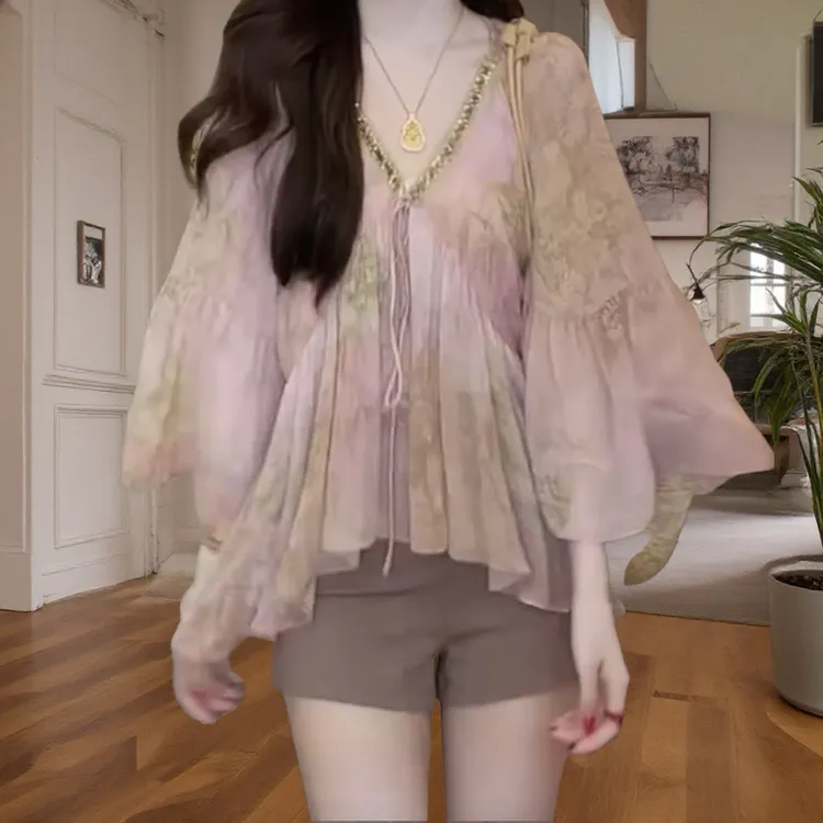 碎花扎染雪纺衫女2025新款春夏重工印花轻奢设计师亮片氛围感上衣