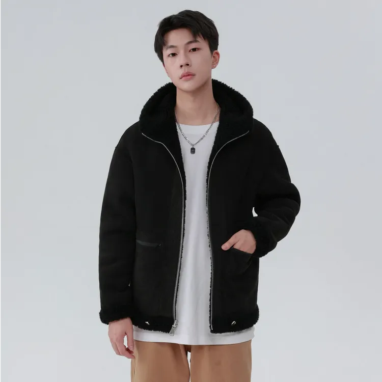 双面穿羊羔毛外套男羊剪毛羊毛颗粒连帽款日系港风夹克大衣皮草