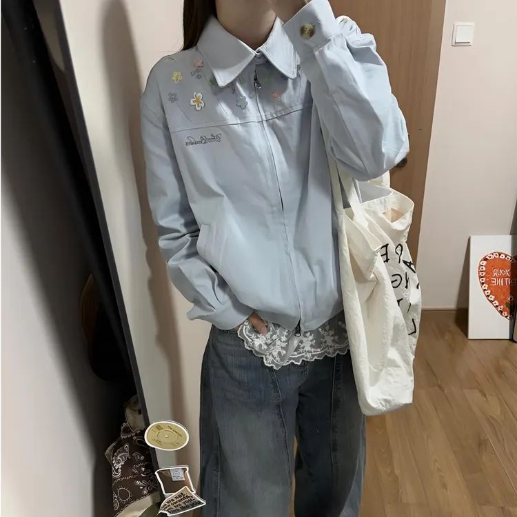 秋装女款2025年秋季新款外套美式复古宽松刺绣翻领夹克棒球服上衣