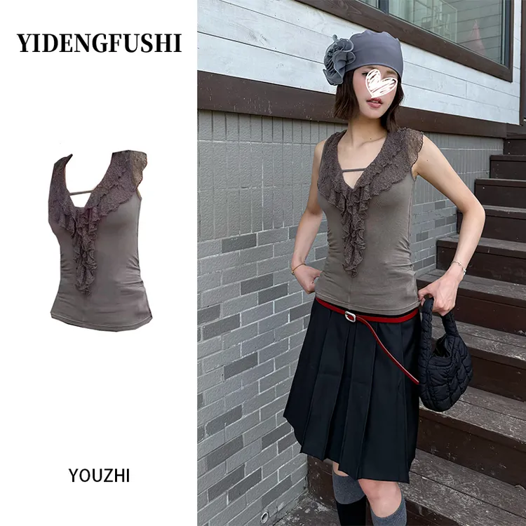 时尚设计感夏季新款性感辣妹修身背心独特小众别致双层花边上衣