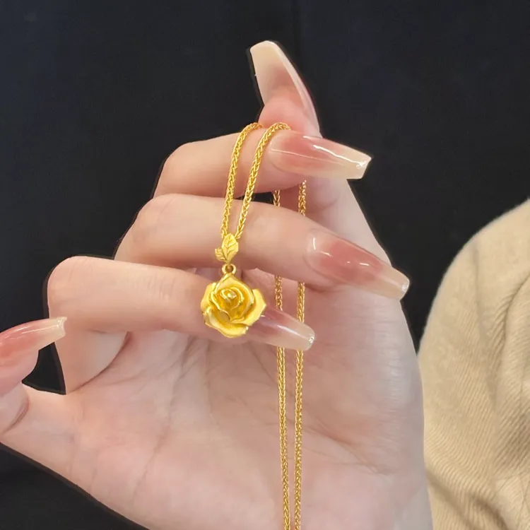 铜合金项链 精致玫瑰花项链女轻奢花朵吊坠浪漫气质链骨链套链