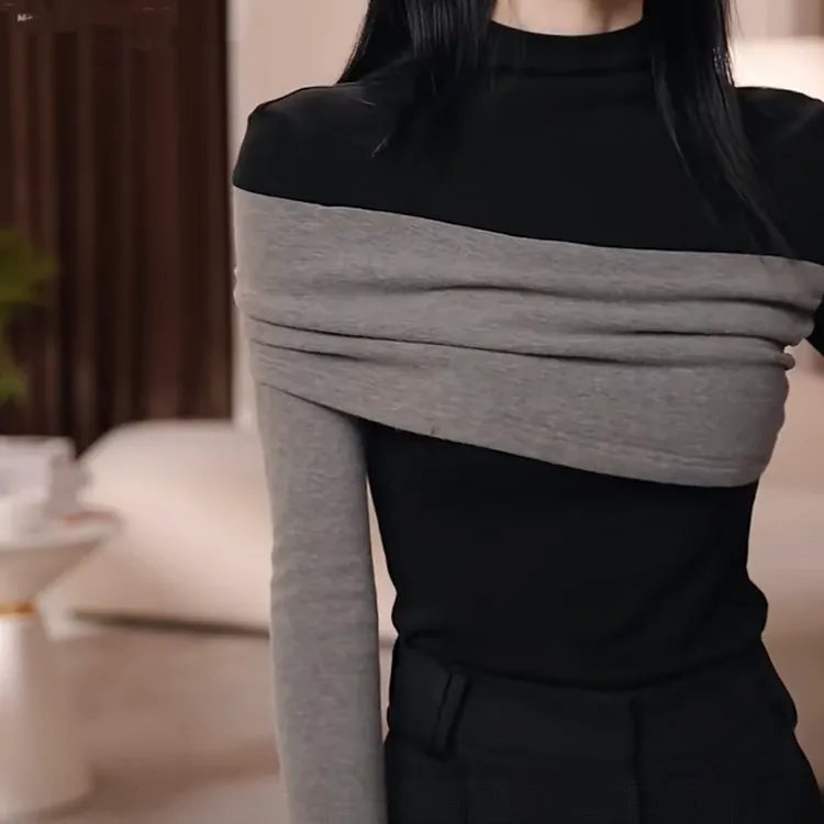 设计感拼接撞色半高领长袖T恤女2025秋季新款百搭拼色打底衫上衣