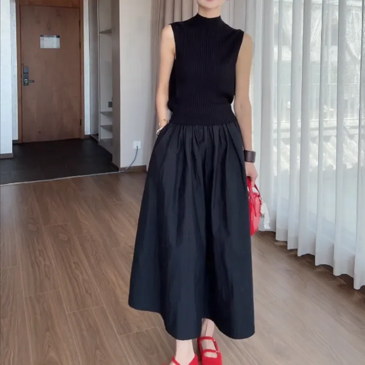 【兜财T】针织坎肩袖气质竖条纹黑色上衣夏季日常通勤老钱风收腰T恤商品图