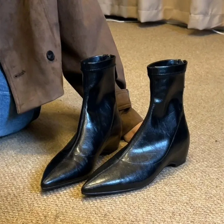 牛皮版~法式黑色简约后拉链弹力瘦瘦靴女内增高尖头后拉链时装靴