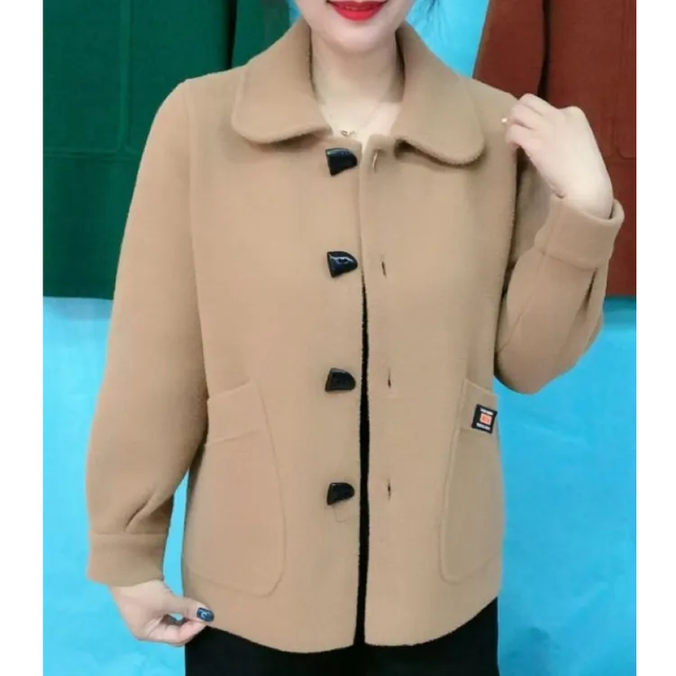 P春季上新妈妈装仿双面尼外套洋气牛角扣方领开衫百搭中年上衣女