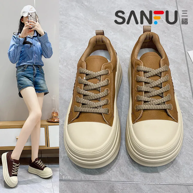 三福韩式厚底面包女鞋2025秋冬新款软底轻便百搭真皮松糕板鞋