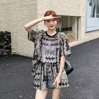 腰果花复古花纹黑白短袖2025新款夏设计感小众透气短裤休闲套装