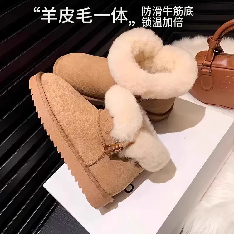 （牛角扣，牛角扣厚底） 雪地靴女皮毛一体防滑保暖加绒加厚时尚短靴