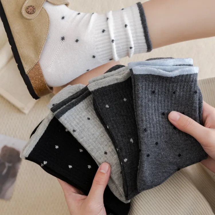 新款温柔波点花边百搭复古中筒堆堆袜圣诞元旦保暖秋冬袜子W2036