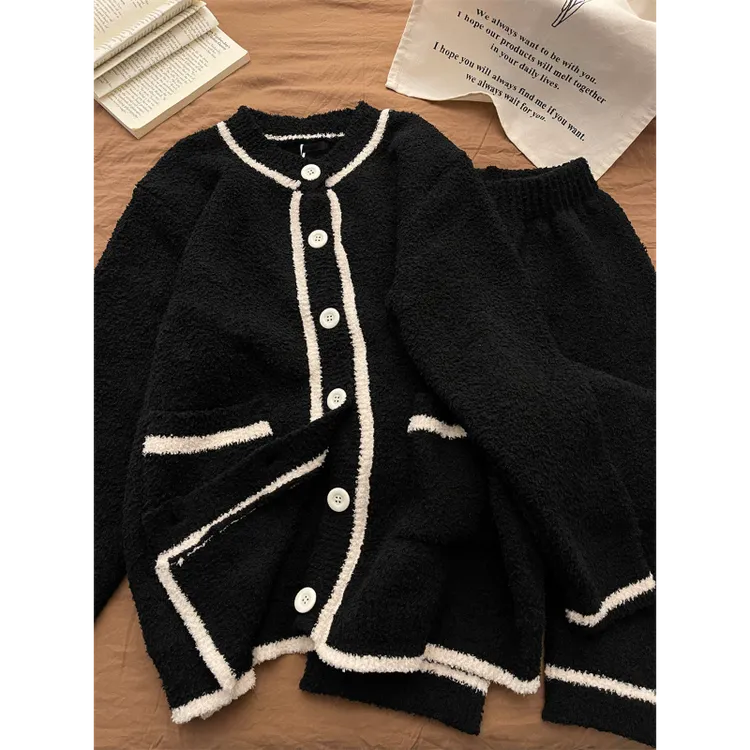 【针织小香风】半边绒睡衣女套装秋冬季新款女设计感家居服两件套