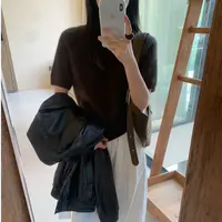 【墨灰色】短袖圆领秋冬新款长袖宽松韩版设计感针织衫毛衣女