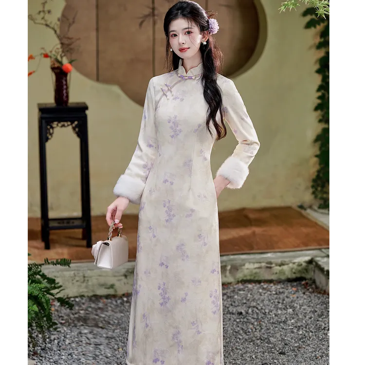 新款长袖A摆旗袍厚款旗袍冬季气质显瘦修身复古日常显瘦连衣裙