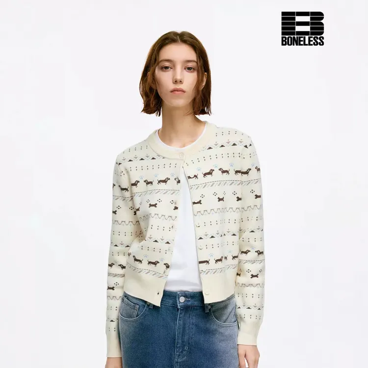 【费尔岛系列】BONELESS腊肠狗图腾提花针织毛衣冬季保暖开衫上衣