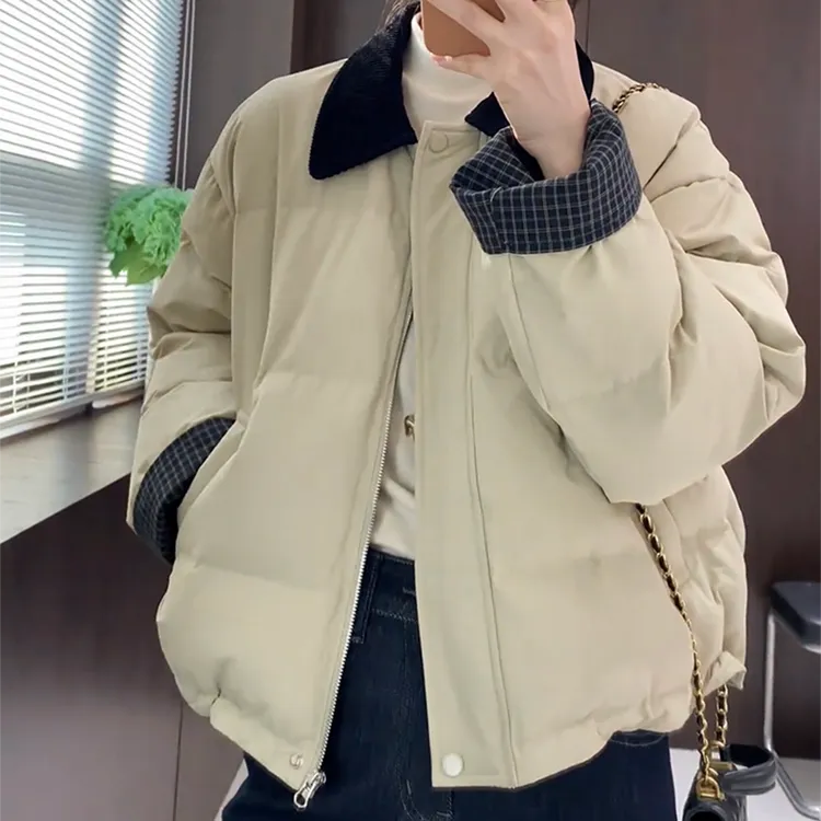 格子袖口夹棉加厚外套女短款2025冬季新款休闲宽松小个子棉服上衣