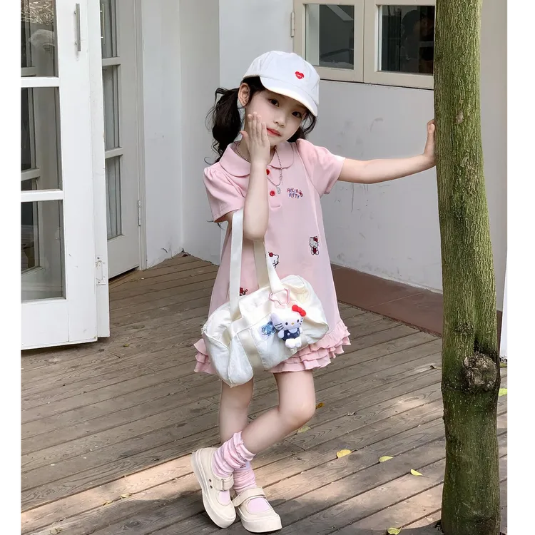 现货女童2025夏季新款韩版少女风翻领连衣裙粉色KT猫花边T恤裙