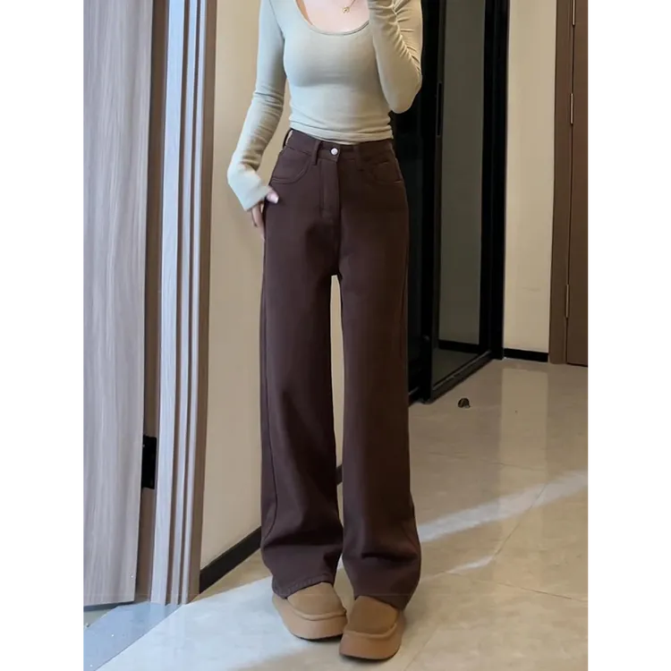 琥珀流光风咖色直筒牛仔裤女2025秋冬爆款微胖大码腿粗显瘦阔腿裤