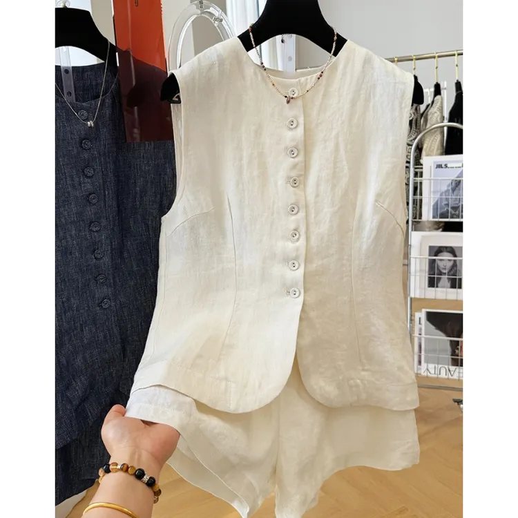 高端气质修身马甲短裤穿搭一整套时尚小套装女夏季亚麻两件套薄款