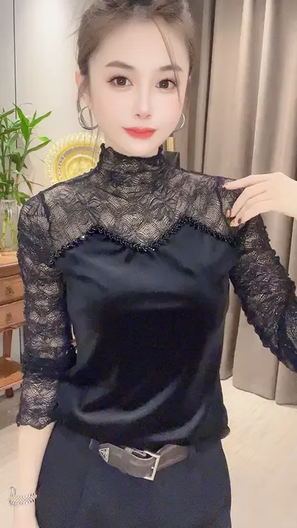 秋冬打底衫洋气时尚半高领重工串珠蕾丝拼接丝绒舒适小衫