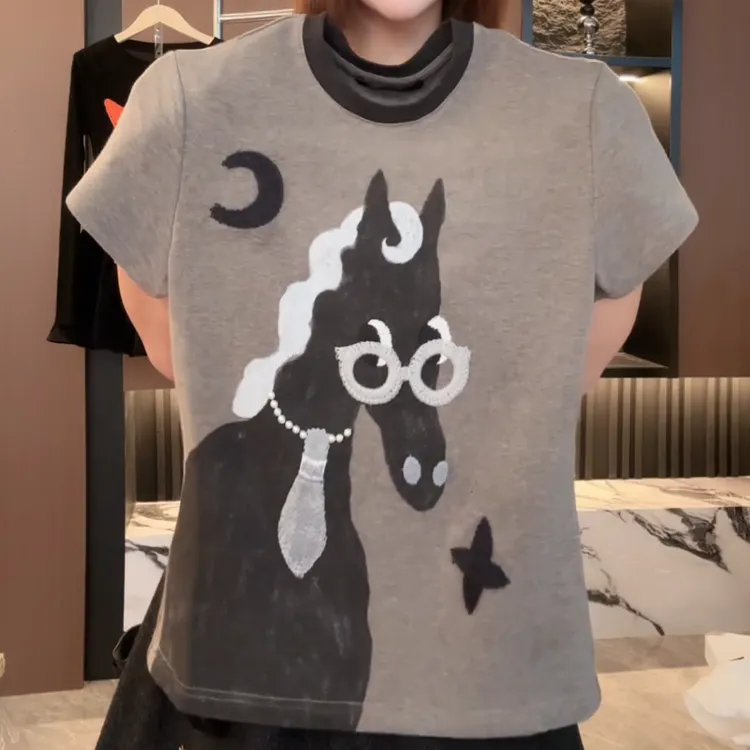 【眼镜小马】2026新款流行印花圆领短袖T恤潮流休闲上衣LK2509362