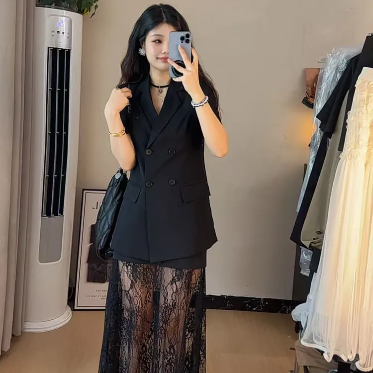韩系轻奢气质套装裙女夏季短袖西装上衣轻薄透气蕾丝拼接半身裙