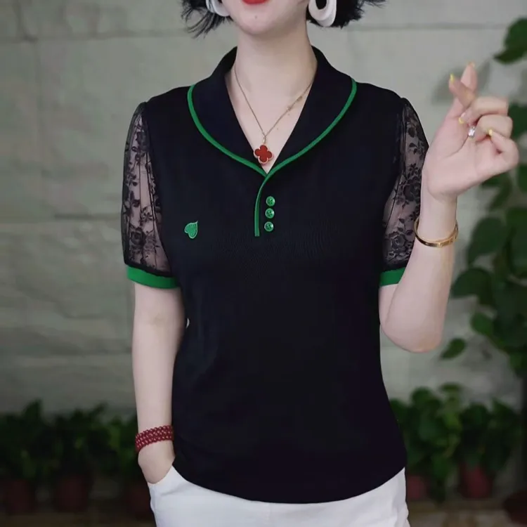 夏季新款时尚洋气翻驳领蕾丝袖短袖t恤宽松减龄气质上衣（美段）