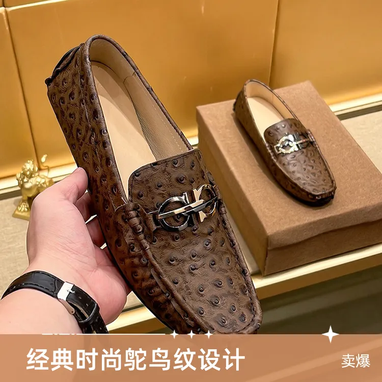 孔雀纹新款2025夏季男士休闲鞋一脚蹬真皮制作软底豆豆鞋男潮英伦