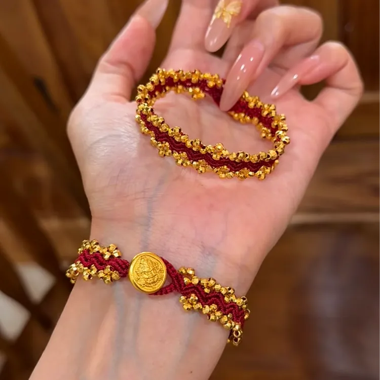 铜合金手链 黄财神蹦迪珠手链  新年红黄财神爆闪蹦迪珠编绳手链