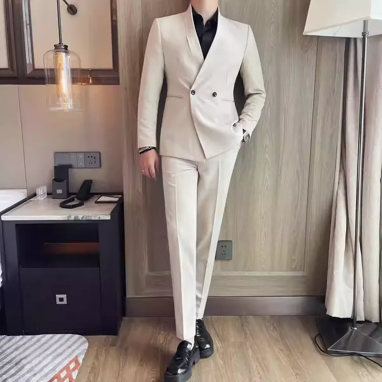 帅气青果领绅士西服套装男士商务休闲修身英伦风双排扣西装两件套