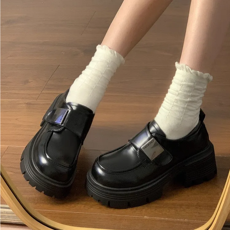 厚底乐福鞋女款2025春夏新款秋季魔术贴单鞋子粗跟百搭增高小皮鞋