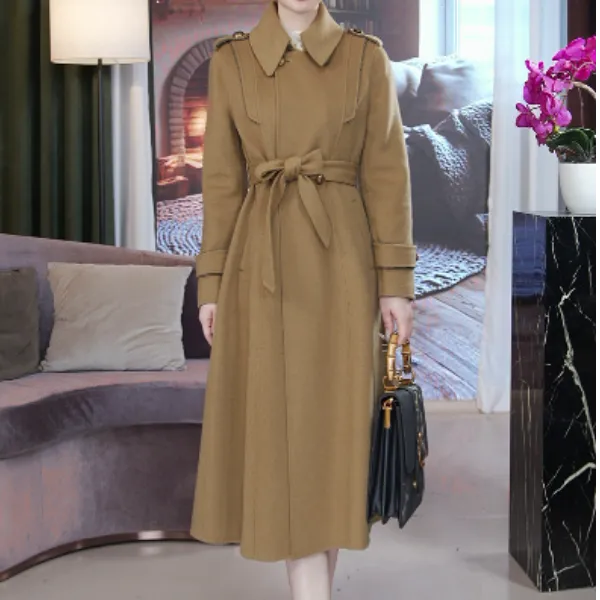 SUSSI/古色秋冬商场同款驼色束腰双排扣长大衣女装气质冬季加厚