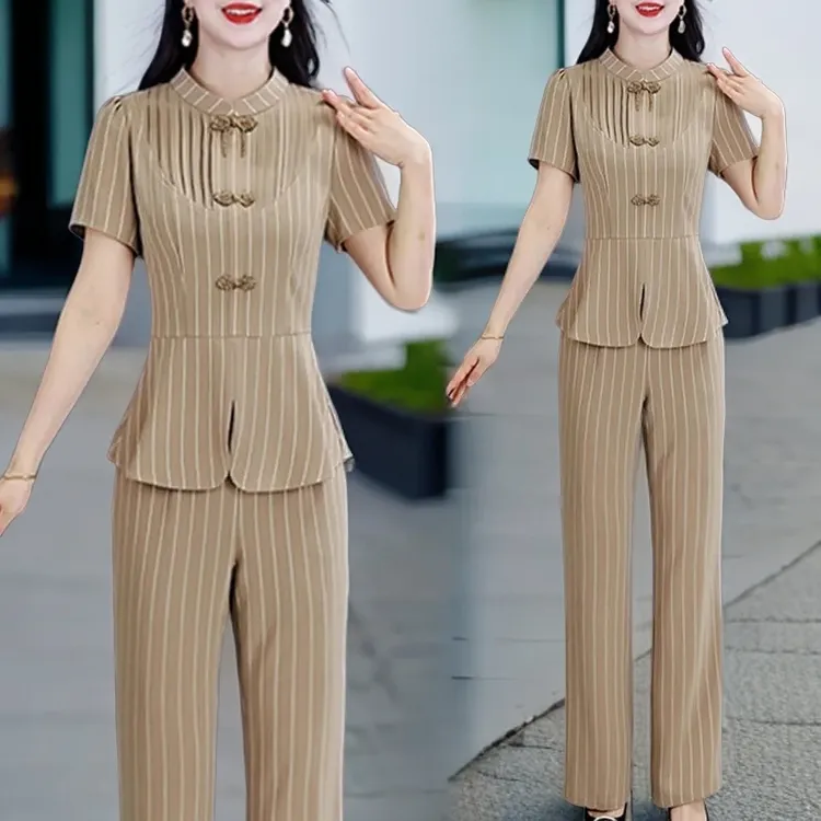 2026夏季新款时尚气质显瘦国风盘扣条纹短袖上衣微喇叭裤两件套装