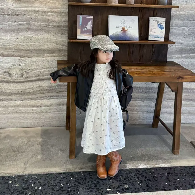 小思家女童2025秋季复古气质法式蝴蝶结长款连衣裙拉链皮衣外套