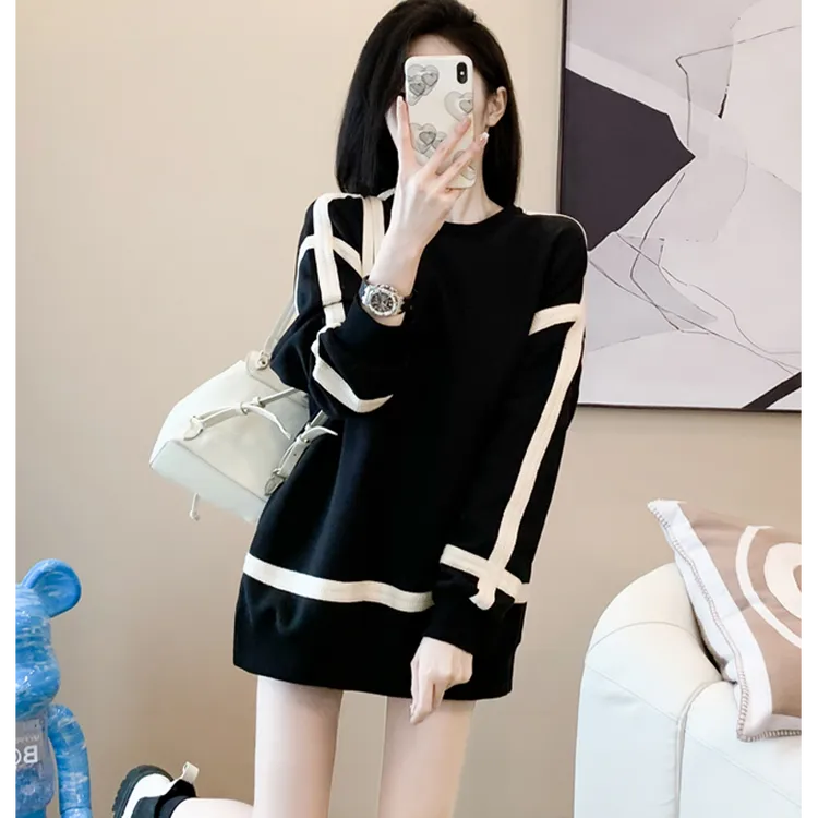 时尚女装高级感黑白拼色中长款卫衣秋冬新款加绒宽松显瘦上衣外套