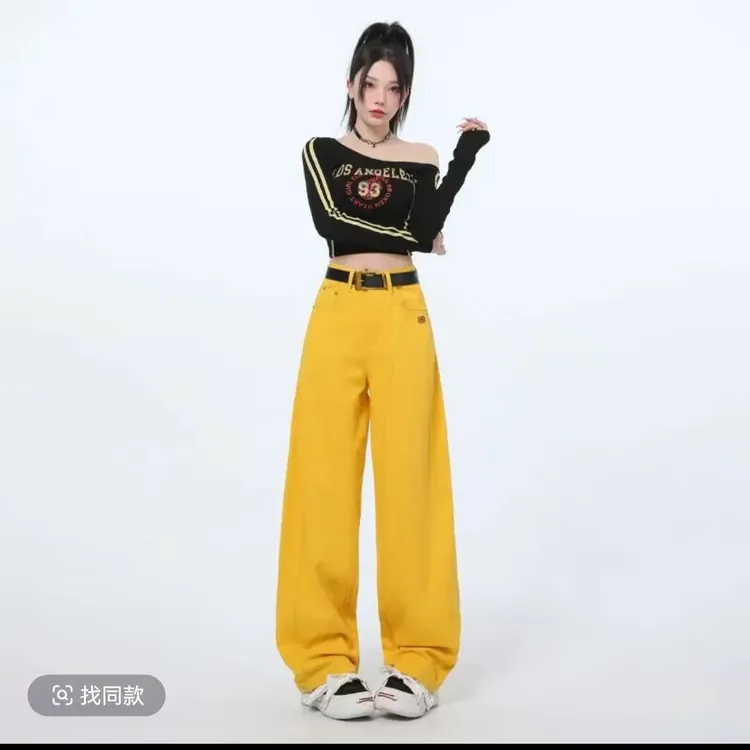 活力黄弯刀阔腿牛仔裤女2025春季新款高腰宽松显瘦直筒拼接香蕉裤