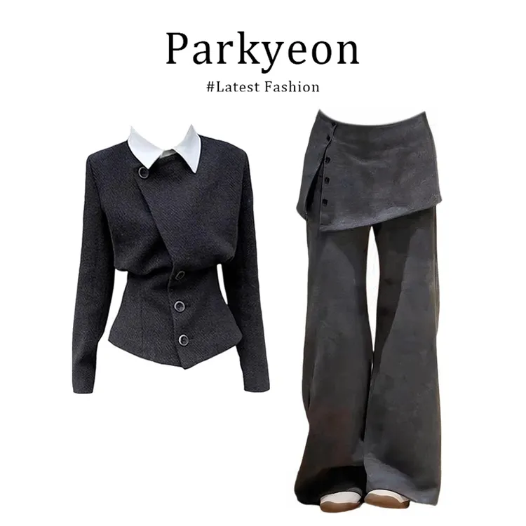 parkyeon高级感气质短款毛呢外套假两件休闲裤时尚冬季两件套女