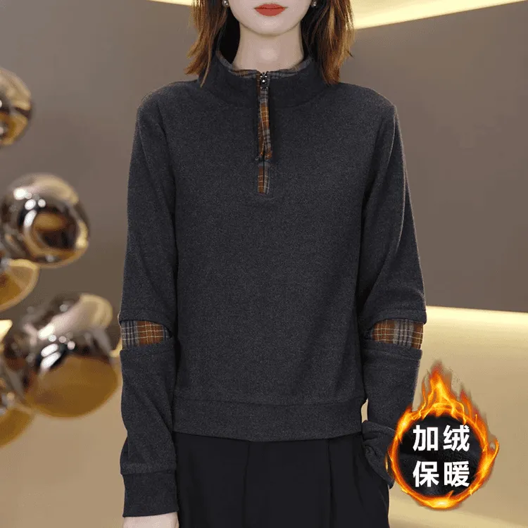 2025秋冬新时尚打底衫女洋气显瘦百搭内搭加绒保暖上衣拼接高级感