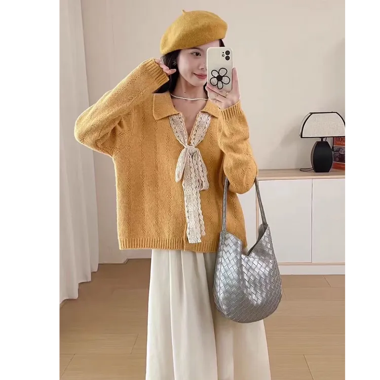 设计感气质系带蝴蝶结V领混纺毛衣开衫洋气减龄针织衫1305