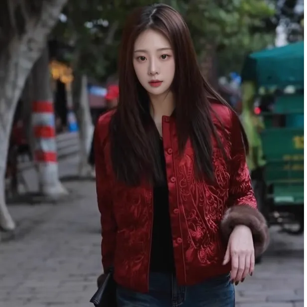 重工刺绣老钱风新中式短款羽绒服女2025冬季貂毛红色国风盘扣外套