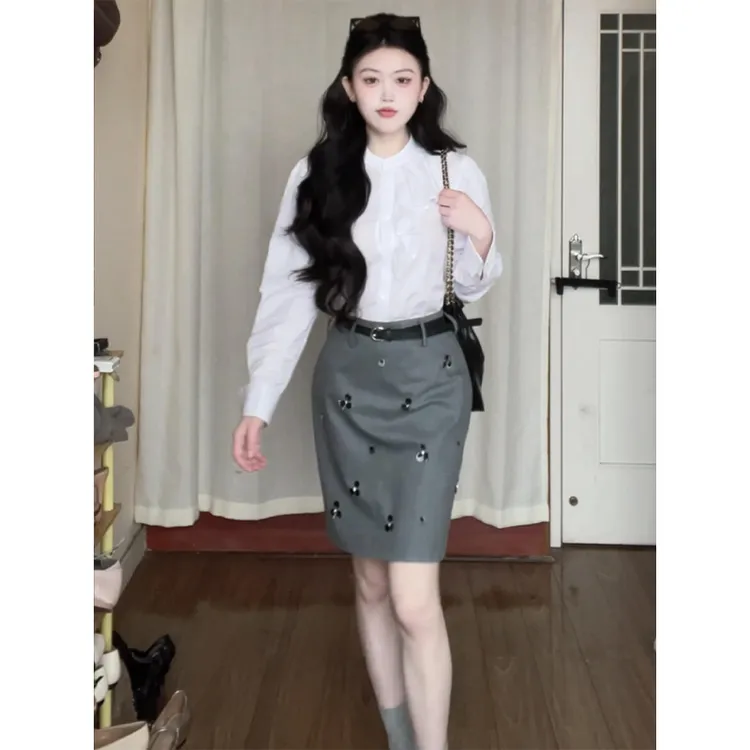 法式优雅气质气质荷叶边白色衬衫国风重工灰色西装半身裙a字短裙