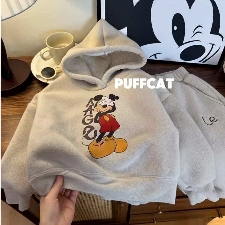 【580g】米奇羊奥利羊驼绒加绒套装秋冬男女童卡通保暖休闲两件套