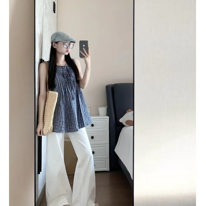 MARIE.COCO韩系复古蓝白格子上衣系带娃娃小衫宽松阔腿长裤两件套