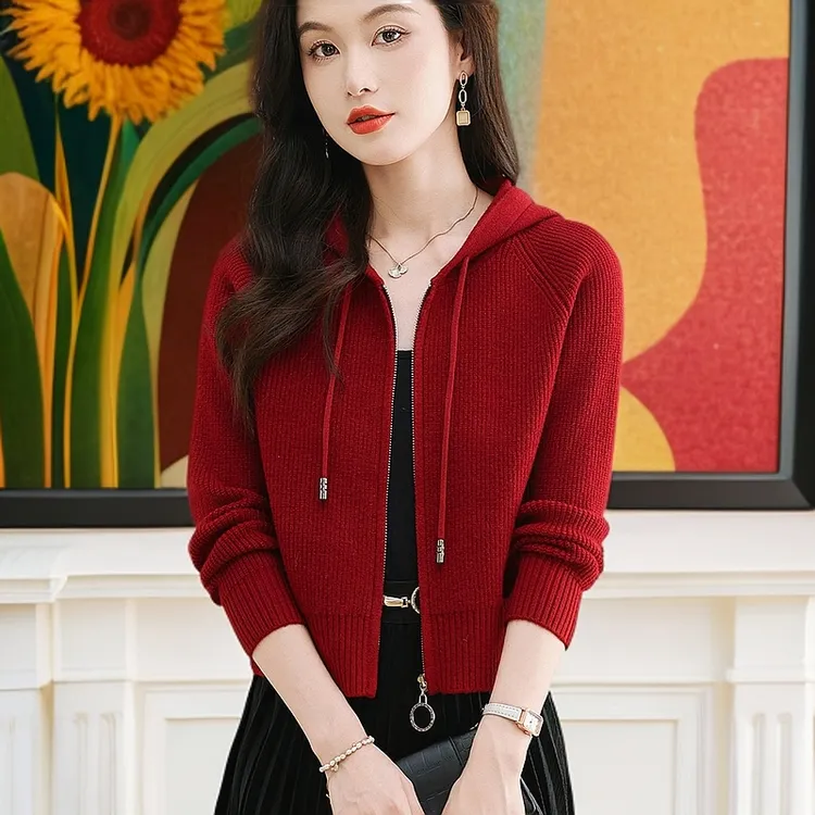 纯100羊毛衫女针织开衫毛衣外套短款拉链连帽卫衣春秋专柜正品