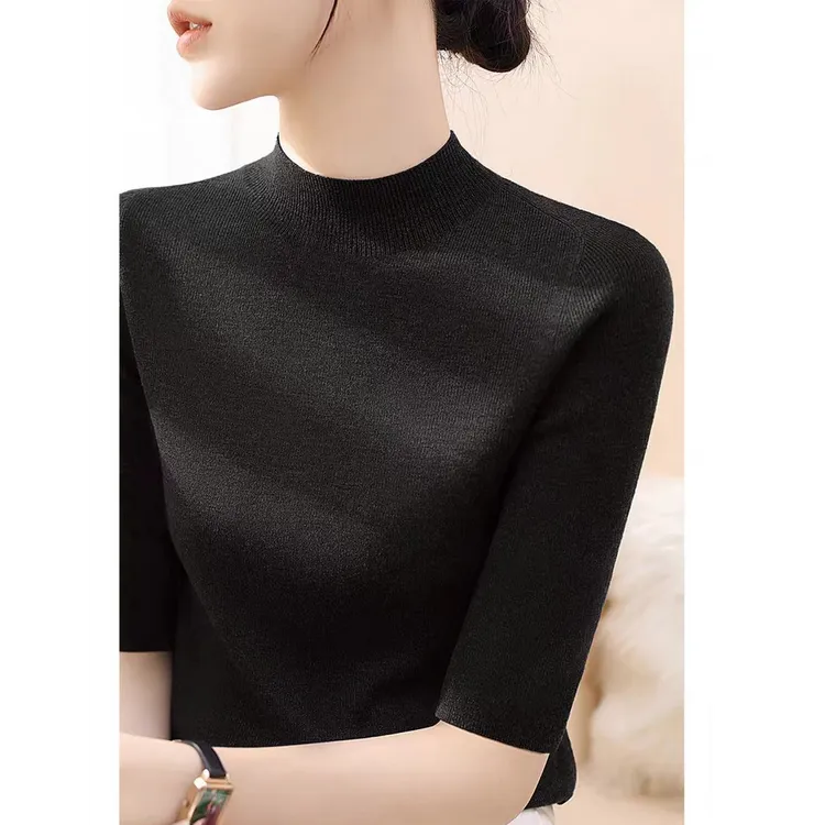 半高领针织短袖T恤女2025秋季新款修身显瘦五分袖内搭打底衫上衣