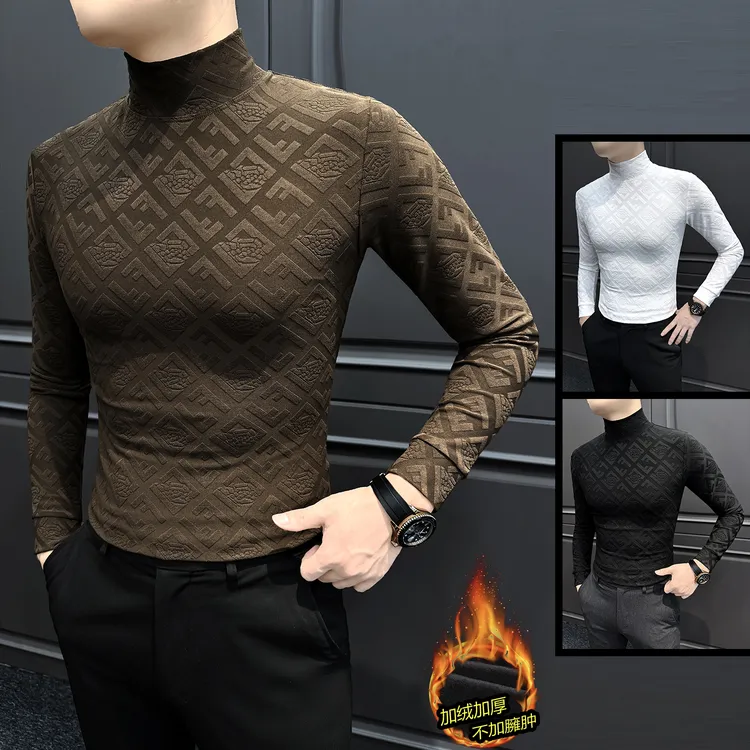 半高领加绒长袖打底衫男款爆款2025新款时尚秋冬男士字母提花t恤