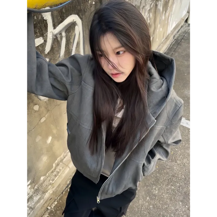 2025春季新款高级感深灰色连帽卫衣女宽松百搭拉链夹克开衫外套潮