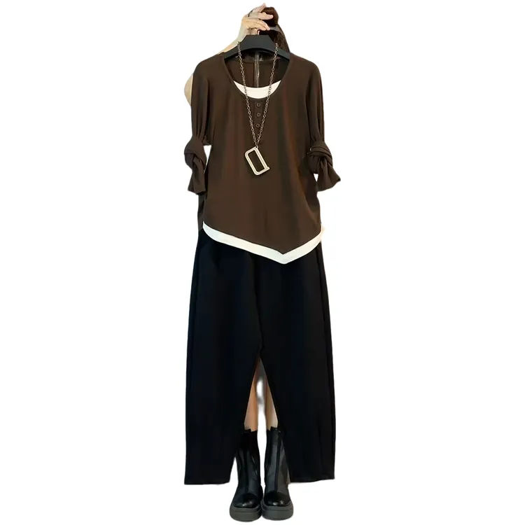 大维罗依MX 秋季新款大码假两件设计感显瘦休闲套装