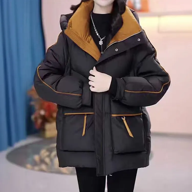 高品质】棉服女拼接短款棉衣2025冬季新款韩版宽松连帽棉袄外套潮