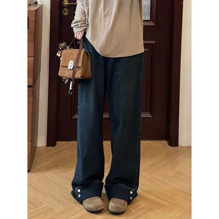 晶咕佳佳【不可或缺】裤脚两粒扣翻边半松紧牛仔裤显瘦高腰时尚
